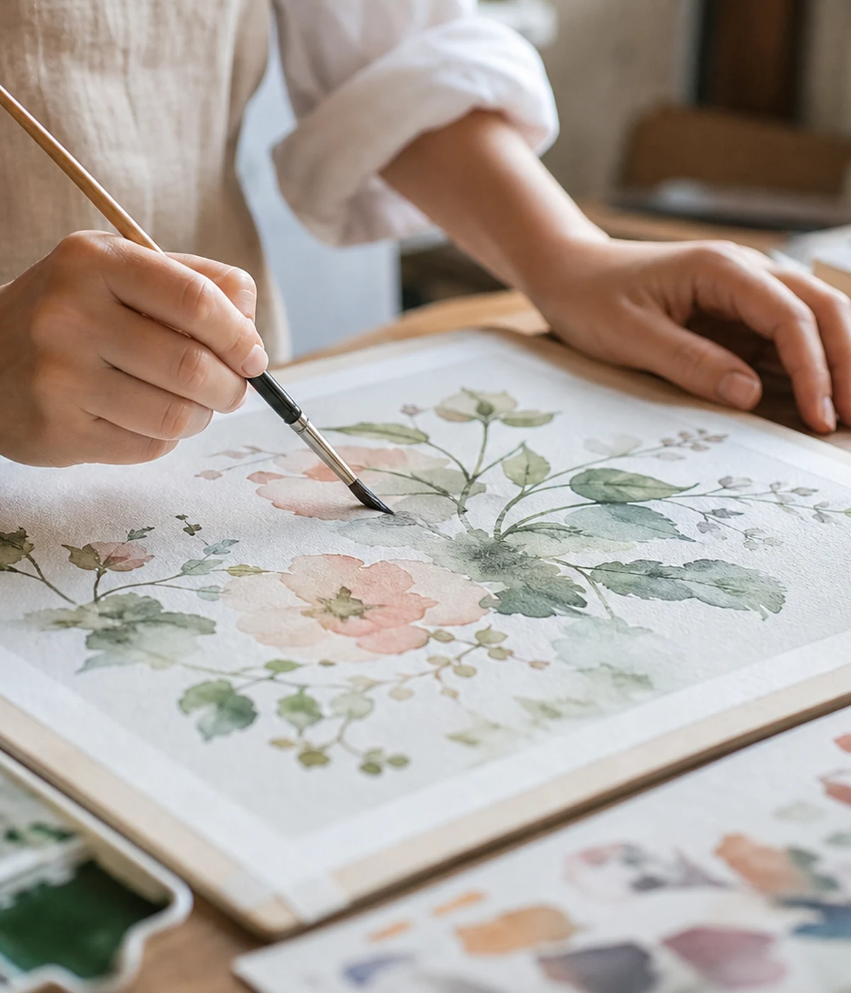 Mains d’artiste appliquant un lavis à l’aquarelle sur papier coton