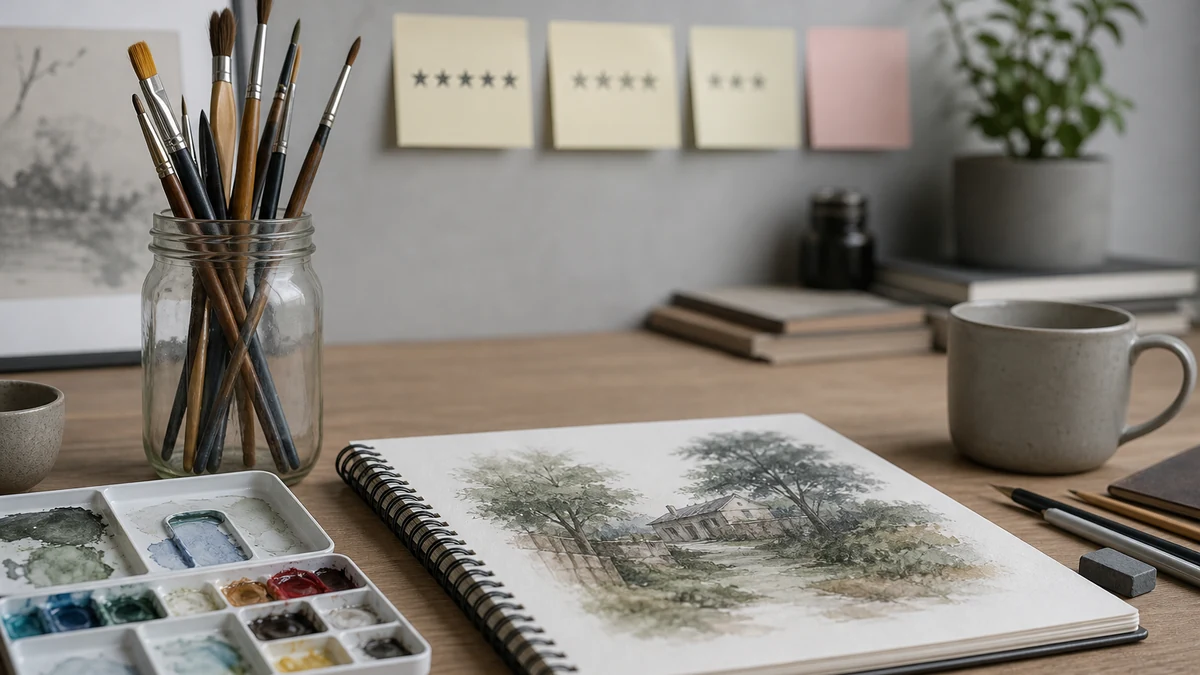 Bannière : bureau d’atelier avec palette et pinceaux pour synthèse d’avis