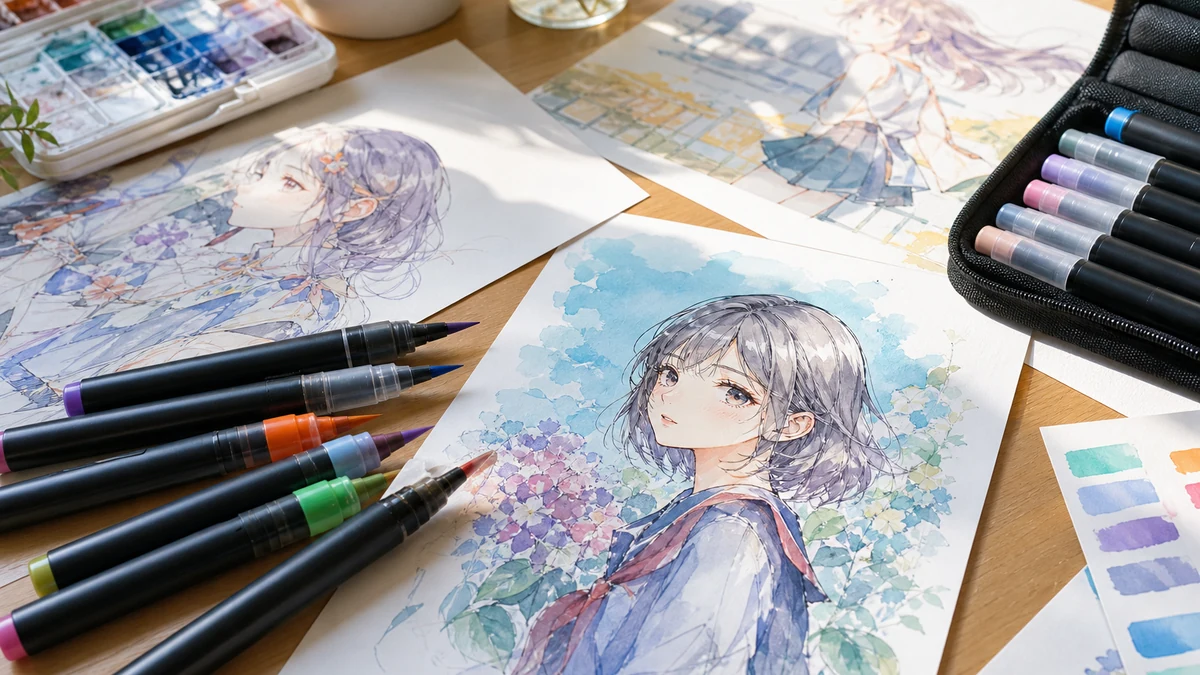Bannière : feutres pinceau et croquis d’illustration sur bureau