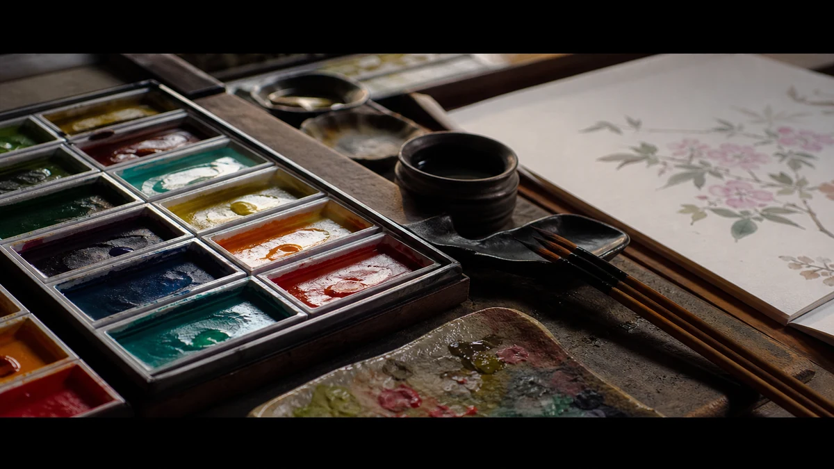 Bannière : palette et pinceaux d’aquarelle japonaise en atelier