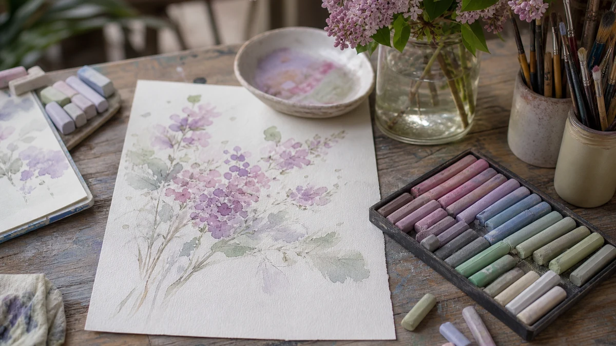 Bannière : pastels doux et matériel de coloriste sur table